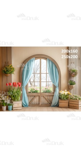 Tło fotograficzne z okrągłym oknem i pastelową wiosenną aranżacją kwiatową | E546